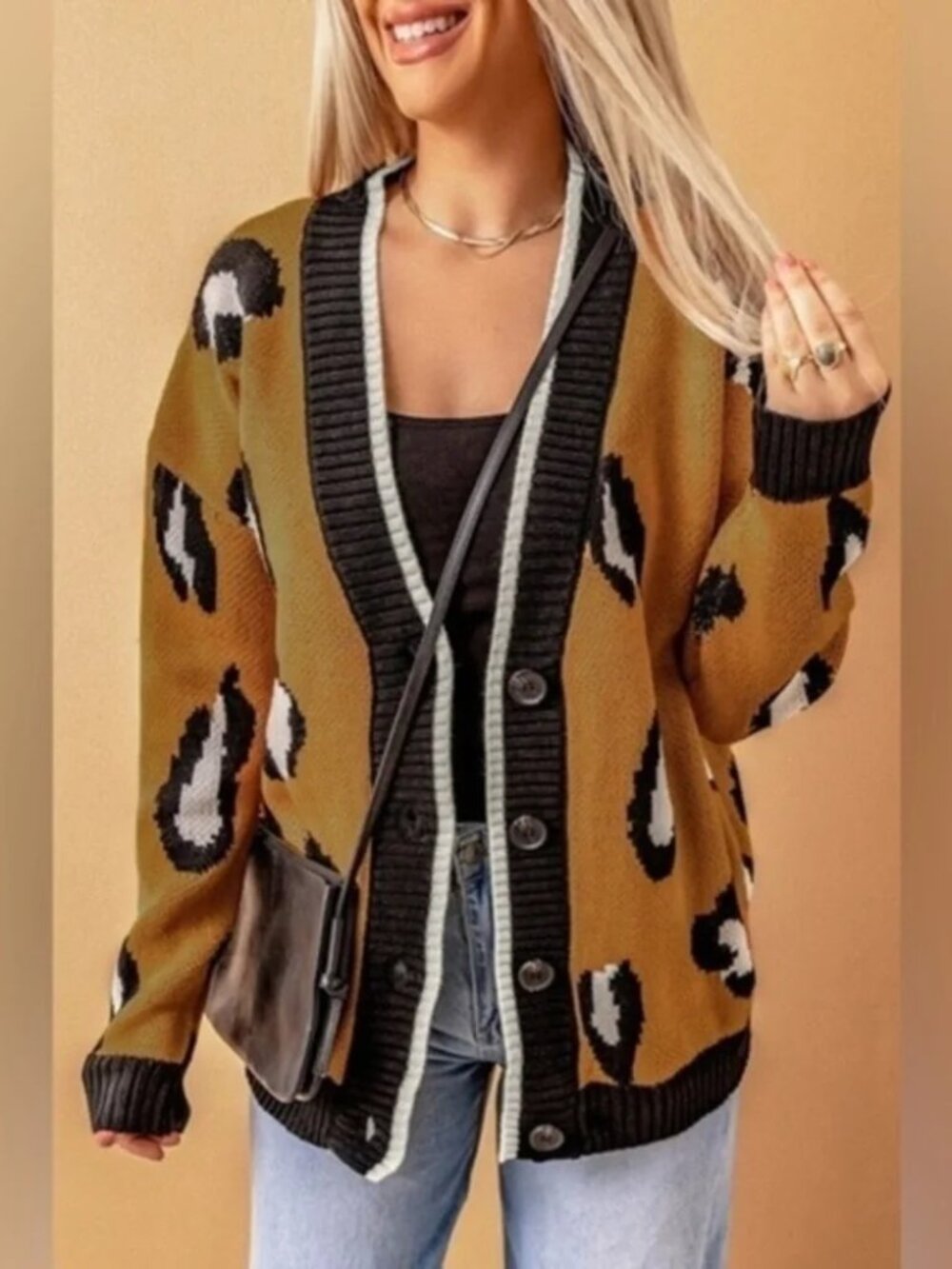 Leopard Print Oversized Button Front Cardigan Sweater Tan Black Soft Knit NWT